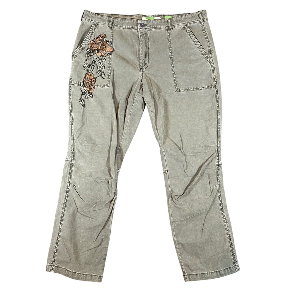 Anthropologie The Wanderer Green Floral Embroidered Linen Pants 32 Fits 38x27